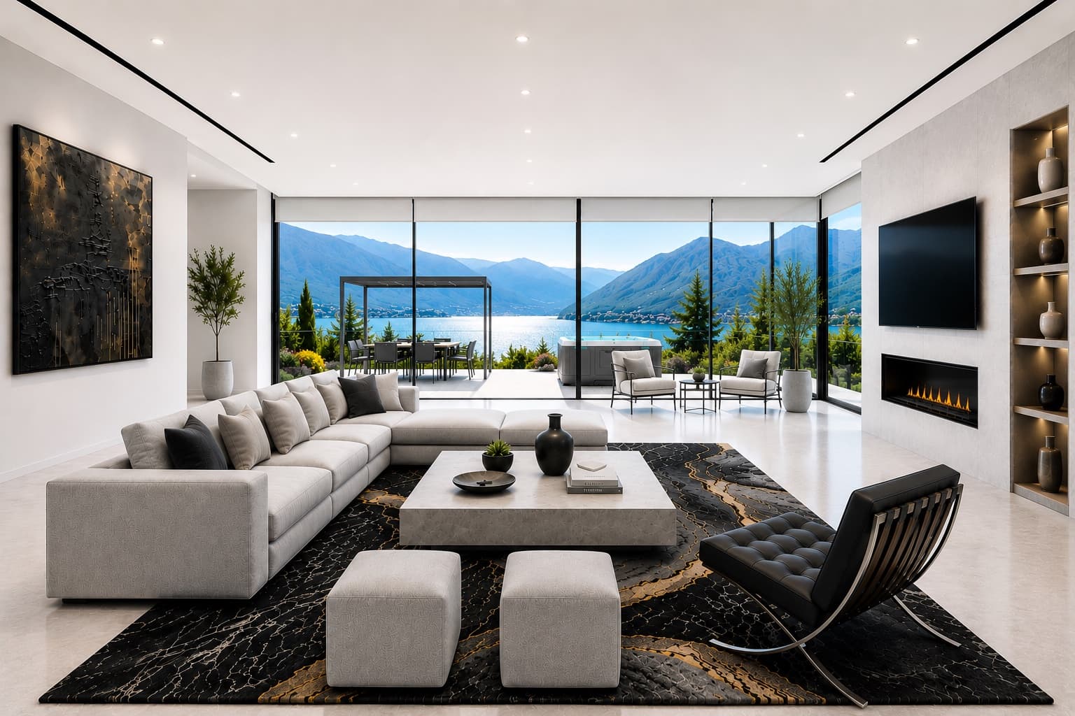 Contemporary living room with mountain and bay views