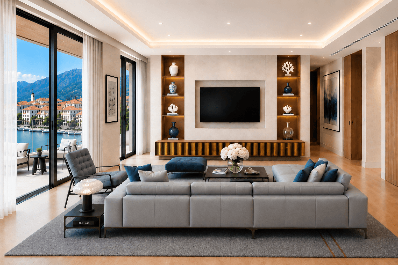 Mediterranean-inspired living room overlooking the bay